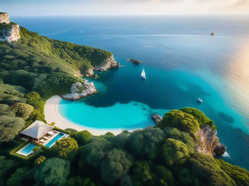 Propiedad de lujo en acantilado con piscina infinita y vista al mar Propiedades costeras vistas aéreas: Mansión de lujo en acantilado con piscina infinita y vista al mar al atardecer