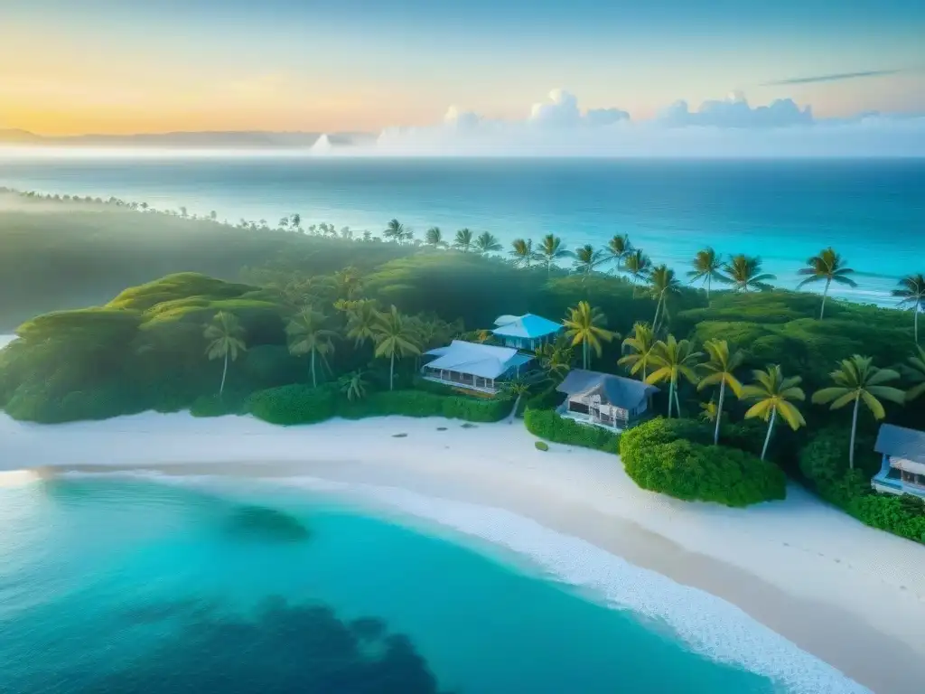 Paraíso costero al amanecer: aguas turquesas, playas doradas y palmeras Propiedades costeras con vistas marítimas: Amanecer sereno en una costa paradisíaca con aguas turquesas y playas doradas