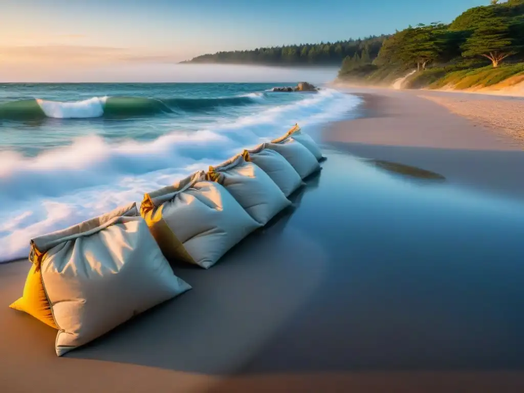 Protección costera: belleza natural vs intervención humana Mitigación de propiedades frente al mar: atardecer sereno con sacos de arena protegiendo una lujosa propiedad de las olas, gaviotas sobrevuelan