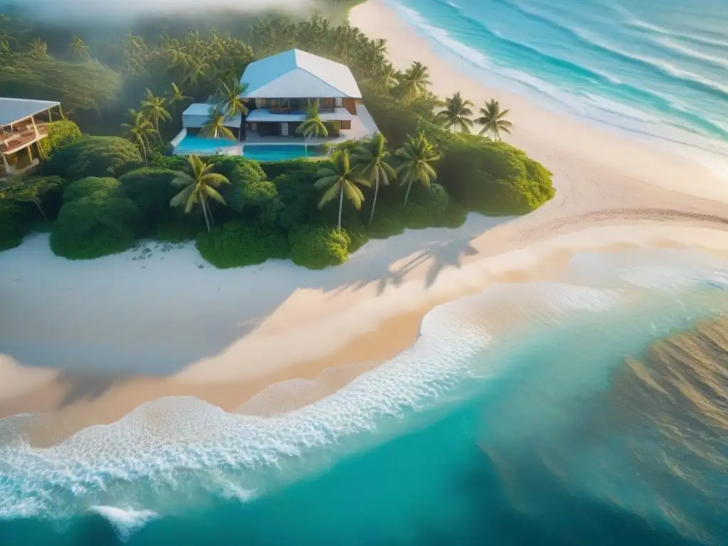 Propiedad de lujo frente al mar: paraíso exclusivo en atardecer dorado Inversión en propiedades frente al mar: atardecer dorado en exclusiva propiedad playera, aguas turquesas y palmeras