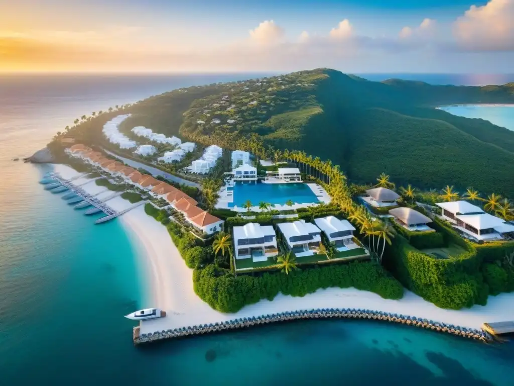 Costa exclusiva al atardecer: lujo y belleza en propiedades frente al mar Inversión en propiedades frente al mar: Exclusiva vista aérea de la costa al atardecer con lujosas residencias y piscinas infinitas