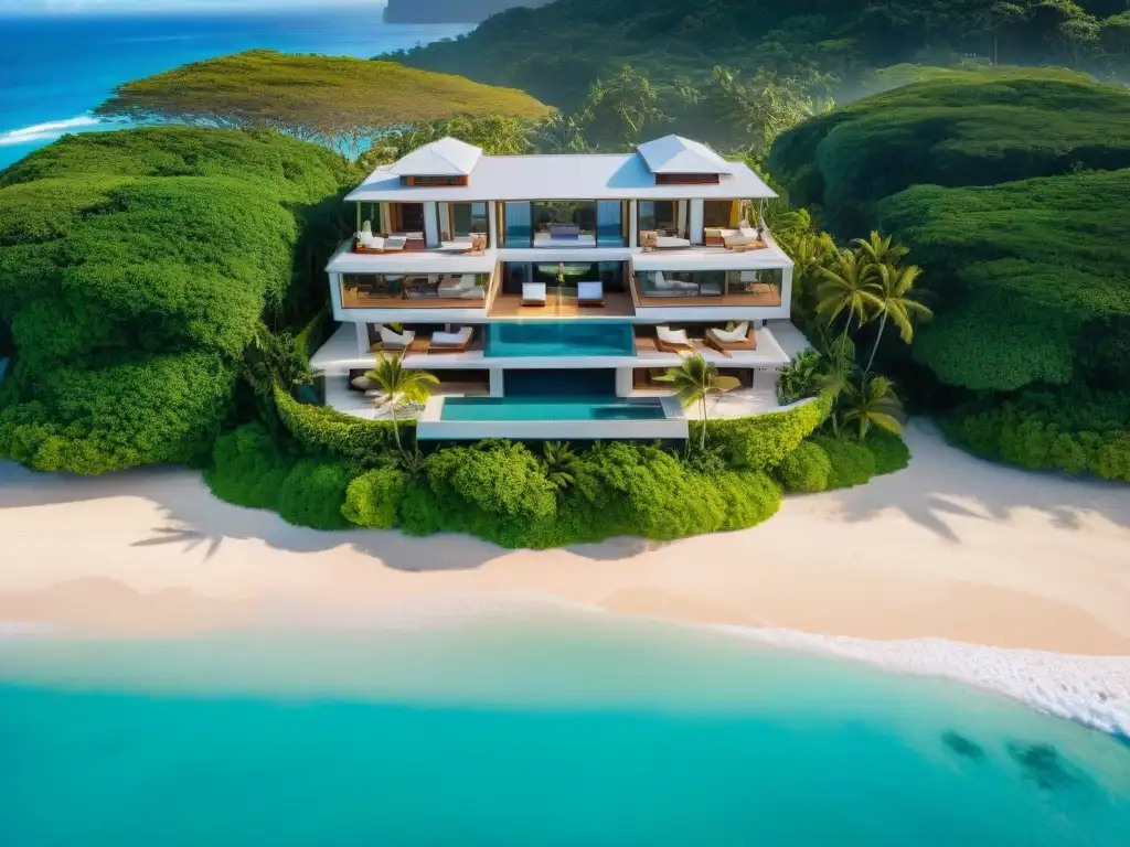 Propiedad de lujo en paraíso costero: vista aérea exclusiva con piscina infinita privada y diseño moderno Inversión en propiedades frente al mar: lujosa propiedad con vista a la playa, diseño moderno, piscina infinita y exuberante paisajismo tropical