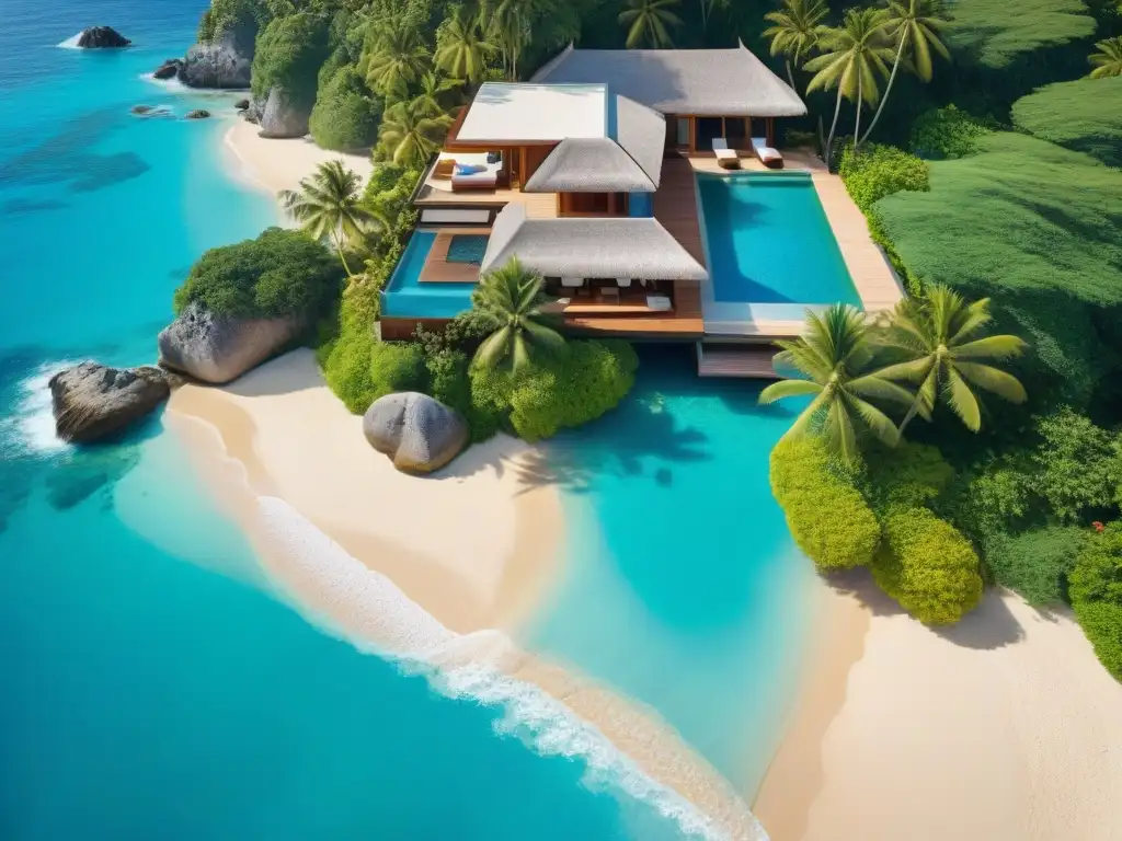 Villa de lujo frente al mar: oasis tropical de ensueño Propiedades frente al mar recomendadas: Villa de lujo con playa privada, palmeras y piscina infinita, transmitiendo tranquilidad y lujo