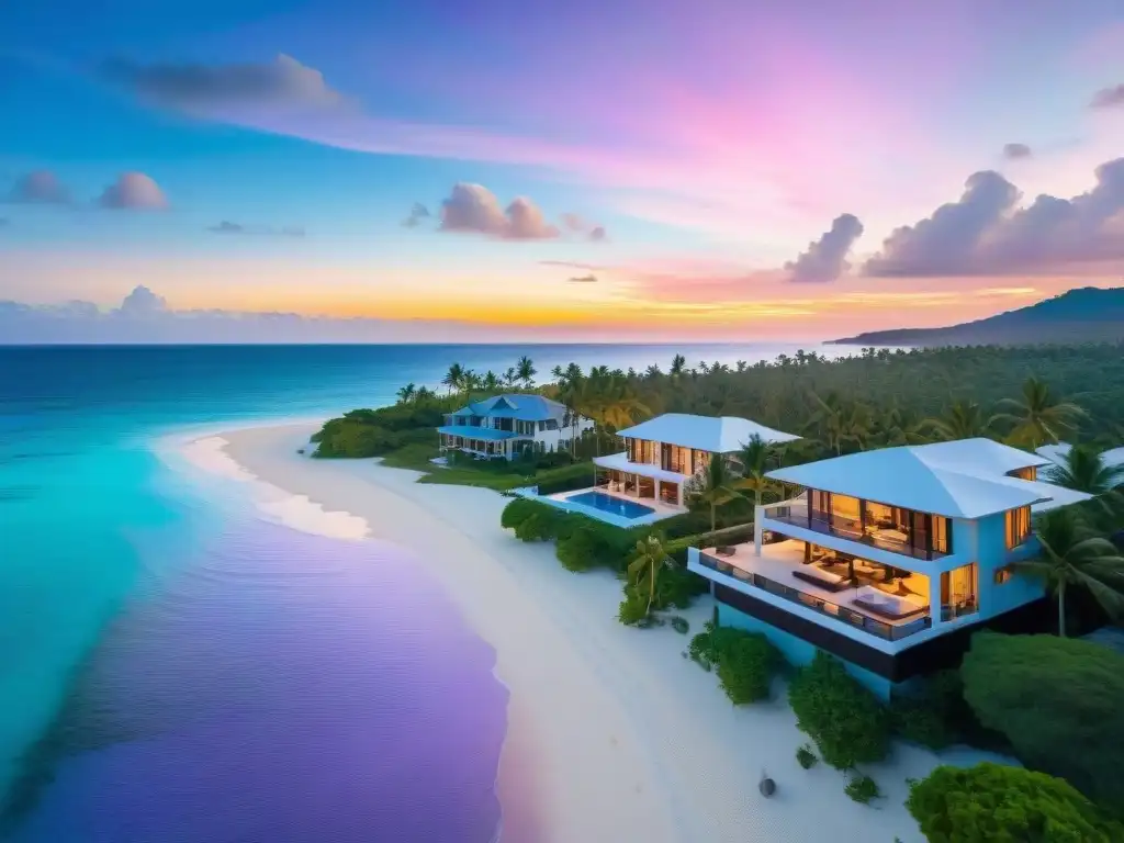 Propiedad de lujo frente al mar al atardecer: exclusividad y tranquilidad Propiedades frente al mar recomendadas: Una lujosa villa con vista al mar, playa de arena blanca y aguas turquesa al atardecer