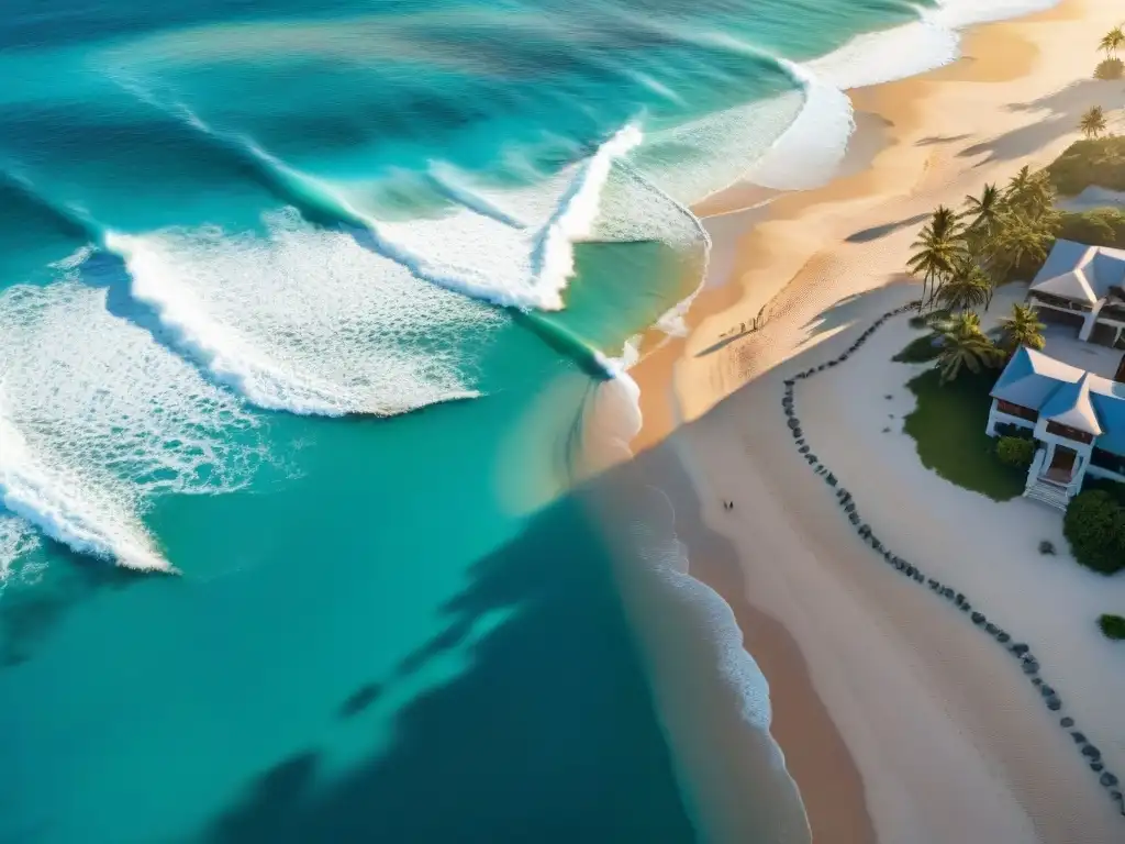 Propiedad de lujo frente al mar al atardecer: paradisíaca vista aérea Propiedades frente al mar recomendadas: Ocaso en lujosa propiedad costera con pareja caminando al atardecer