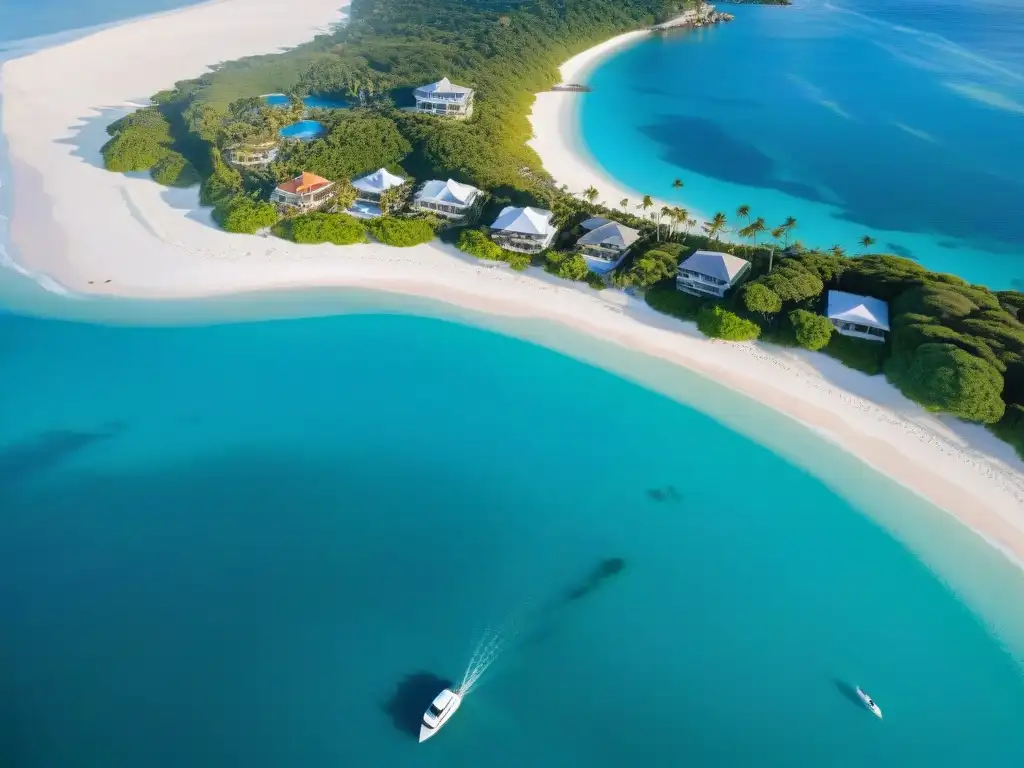 Costa paradisíaca: Amanecer en propiedades de lujo Propiedades frente al mar valor: Amanecer sereno en costa prístina, aguas turquesas y playas blancas, con lujosas residencias y jardines tropicales