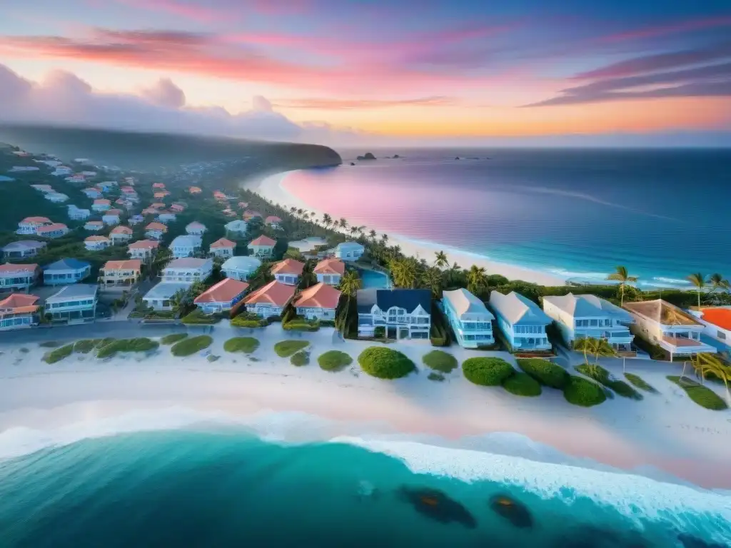 Vistas al mar: Amanecer en un paraíso costero Propiedades frente al mar valor: Al amanecer, un pueblo costero con lujosas casas y vistas al mar, bajo un cielo pintado de rosa y naranja