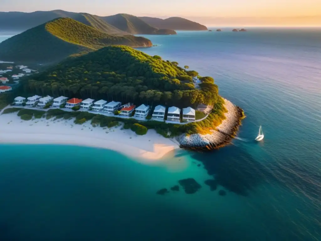 Costa de lujo al atardecer: propiedades exclusivas frente al mar Inversión en propiedades frente al mar: Costa vibrante al atardecer con lujosas residencias y muelles privados