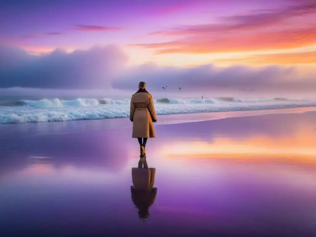 Puesta de sol dorada en la costa: serenidad y belleza natural Propiedades frente al mar vida: Atardecer dorado en la playa con figura solitaria y gaviotas en vuelo