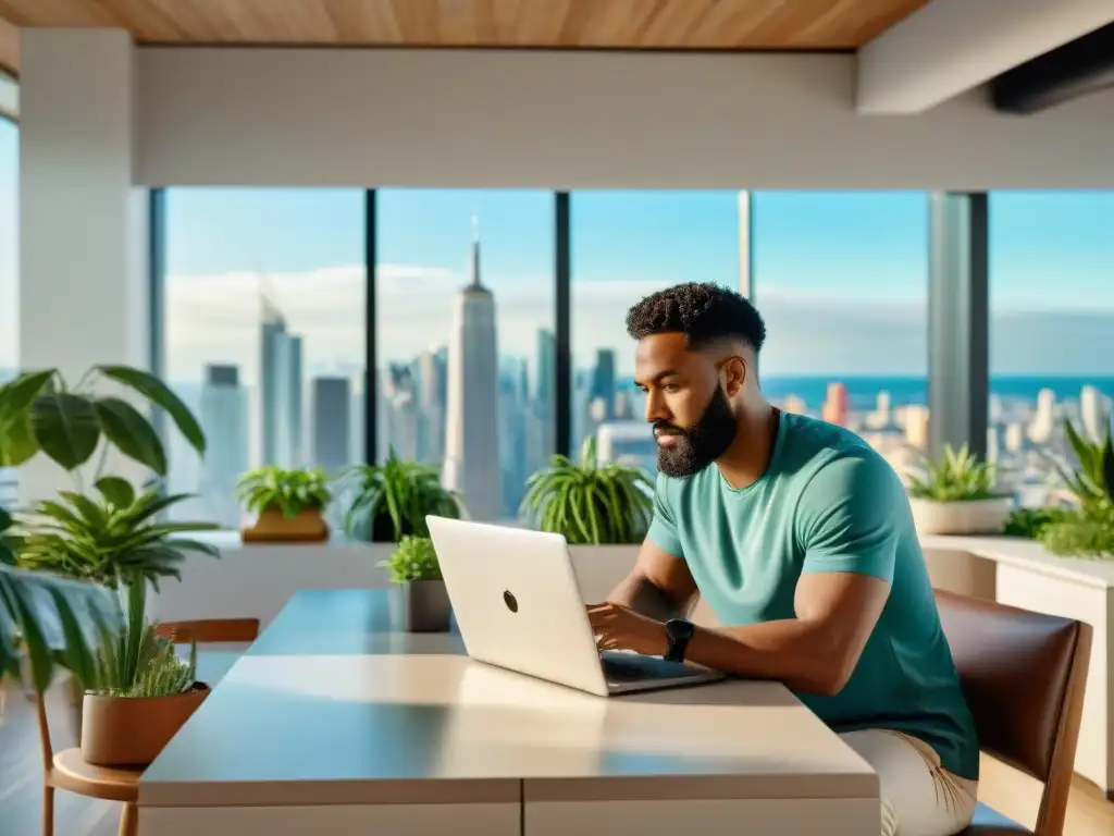 Propietarios de alquiler vacacional en coworking moderno Propietarios de alquiler vacacional analizan plataformas digitales en coworking moderno y soleado, con determinación y colaboración