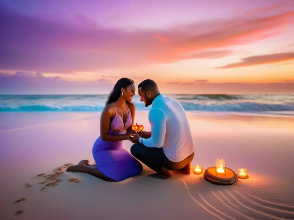 Propuesta de matrimonio al atardecer en playa paradisíaca Propuesta de matrimonio en la playa al atardecer: una pareja en la arena con anillo brillante y vela en forma de corazón
