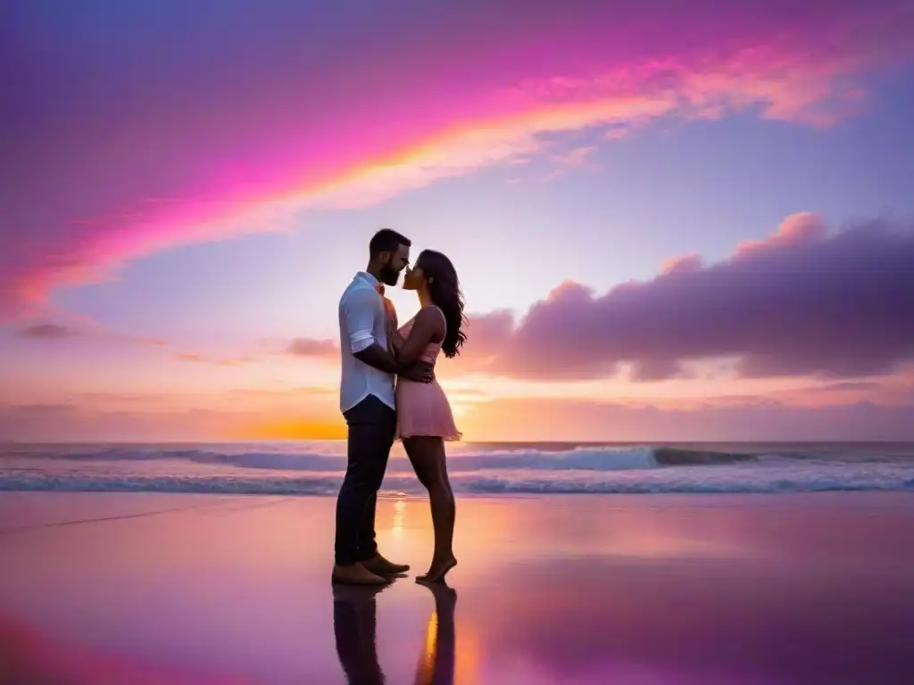 Propuesta de matrimonio en atardecer dorado en la playa Propuesta de matrimonio en la playa: Pareja en silueta frente a un atardecer impresionante, reflejos dorados en el mar tranquilo