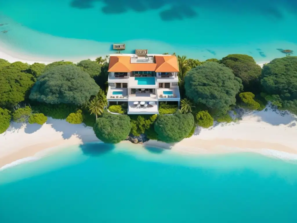 Desarrollo costero de lujo: precisión y profesionalismo en acción Un proyecto inmobiliario costero con villa de lujo frente al mar, rodeada de naturaleza exuberante y aguas turquesas