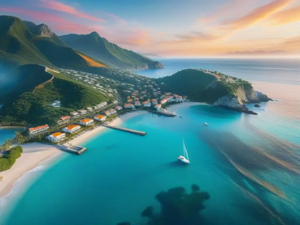 Pintoresco pueblo costero al atardecer: viviendo junto al mar Un pueblo costero al atardecer, con cielos naranjas y rosados sobre playas de arena y aguas turquesa, rodeado de montañas verdes y palmeras