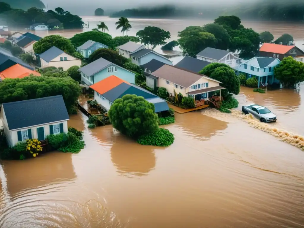 Desastre natural: ciudad costera bajo inundación Inundación en pueblo costero: evacuación y ayuda en desastre