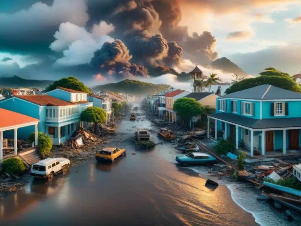 Desastre natural en pueblo costero: caos y solidaridad Un pueblo costero devastado por un desastre natural, con edificios destruidos y equipos de emergencia ayudando a los residentes afectados