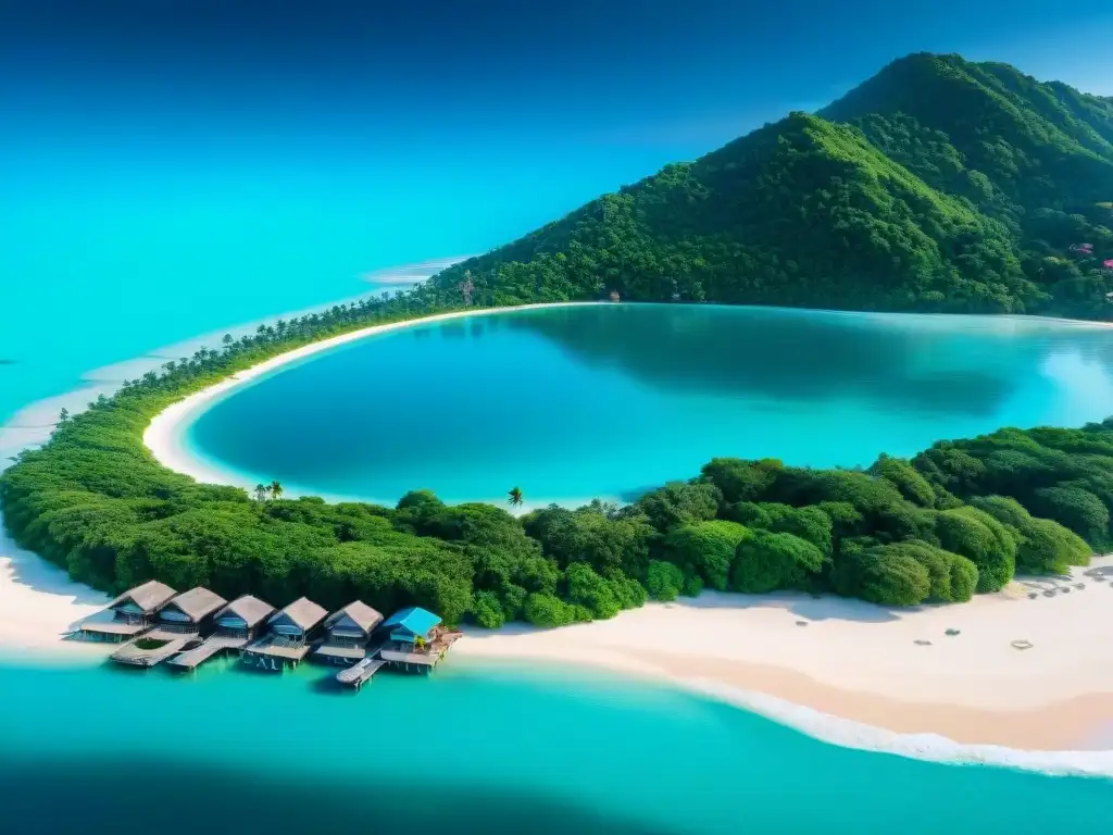 Paraíso costero: propiedades coloridas sobre pilotes junto al mar turquesa Un pueblo costero idílico con aguas turquesas y propiedades coloridas en pilotes