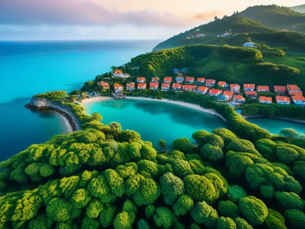 Encanto costero: casas coloridas bajo el sol dorado Un pueblo costero entre el mar turquesa y vegetación exuberante al atardecer, resaltando la importancia del Seguro para hogar en costa