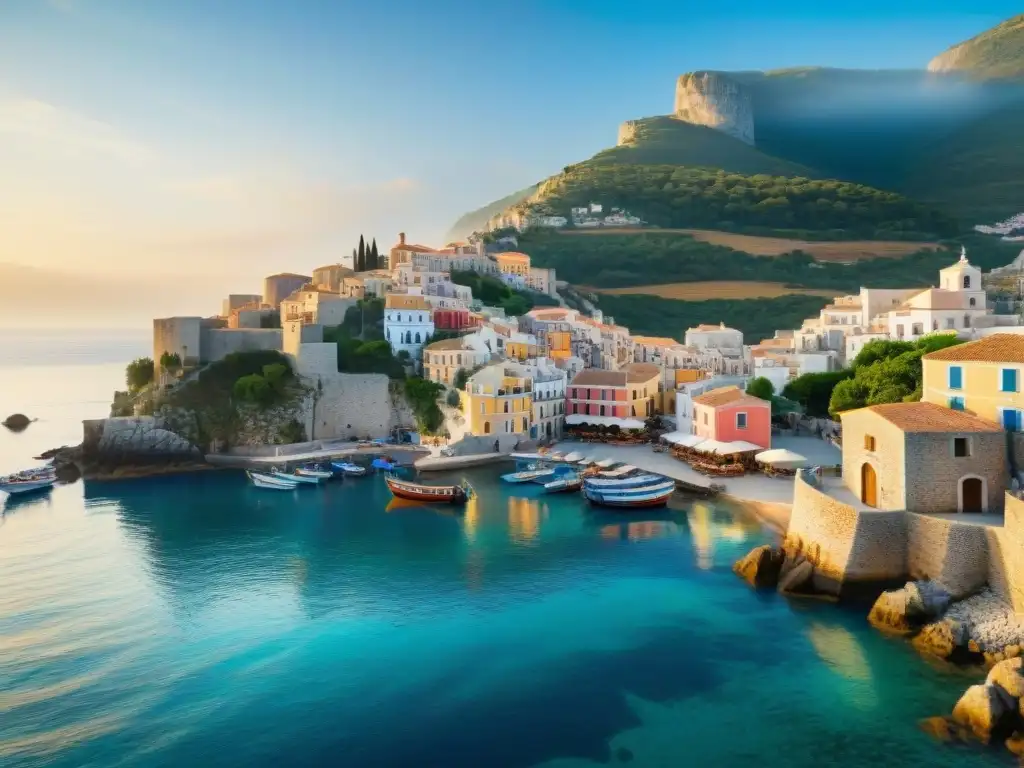 Pintoresco amanecer en mercado costero mediterráneo Un pueblo costero mediterráneo al amanecer con pescadores y mercado de gastronomía