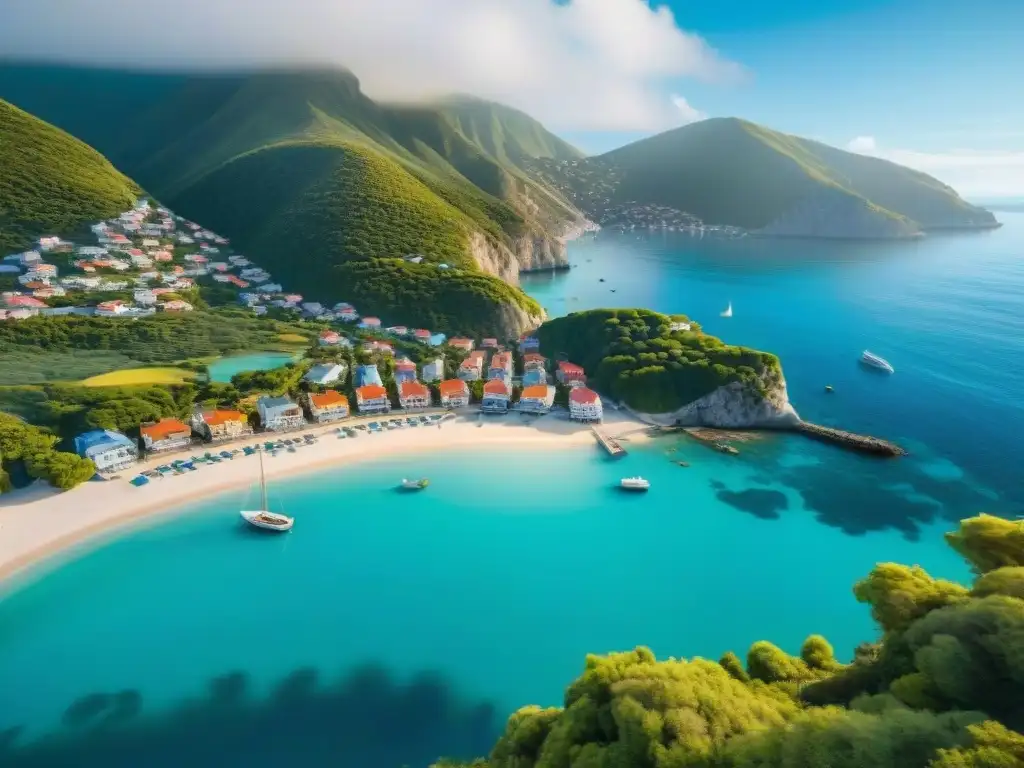 Paraíso costero: Pueblo colorido entre montañas verdes y aguas turquesa Un pueblo costero perfecto: casas coloridas, mar turquesa y montañas verdes