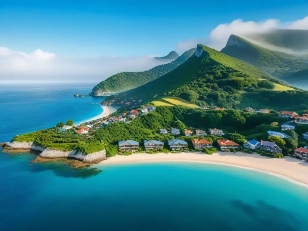 Un pueblo costero pintoresco con aguas azules, playas doradas y vegetación exuberante