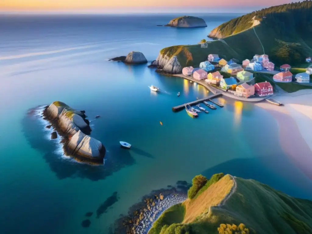 Retiro tranquilo: pueblo costero al atardecer Un pueblo costero sereno al atardecer con casas pastel, barcos y un sol dorado