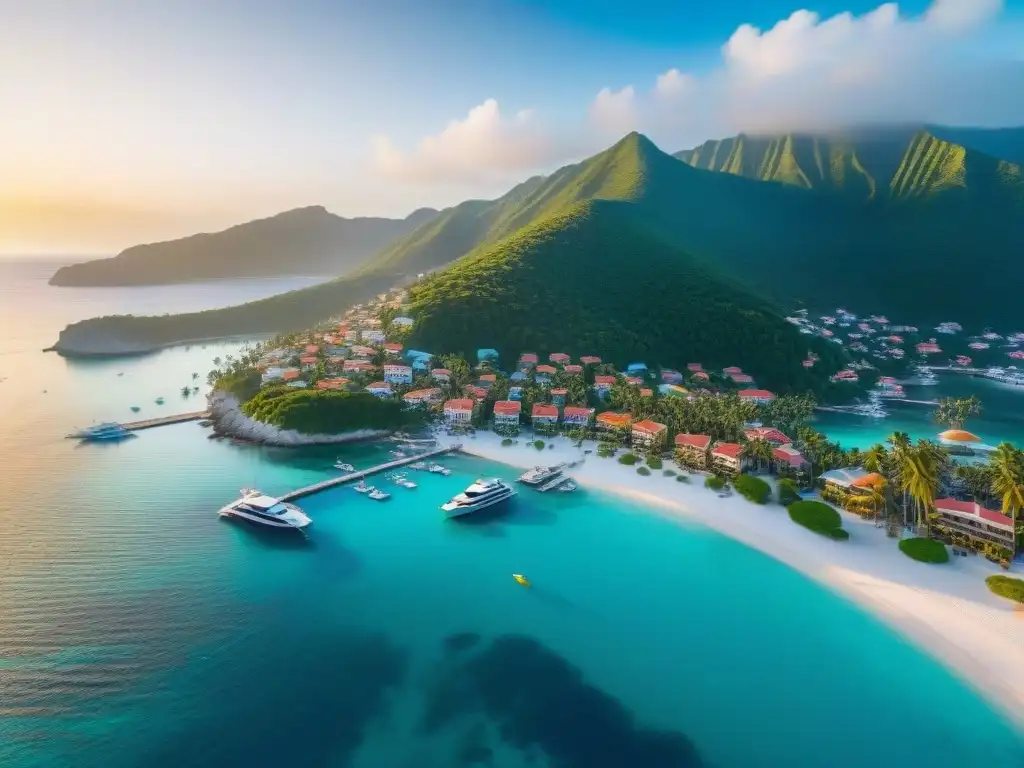 Costa tropical: atardecer dorado en pueblo costero vibrante Un pueblo costero vibrante con aguas turquesa cristalinas, palmeras y edificios coloridos, rodeado de un puerto y playas blancas