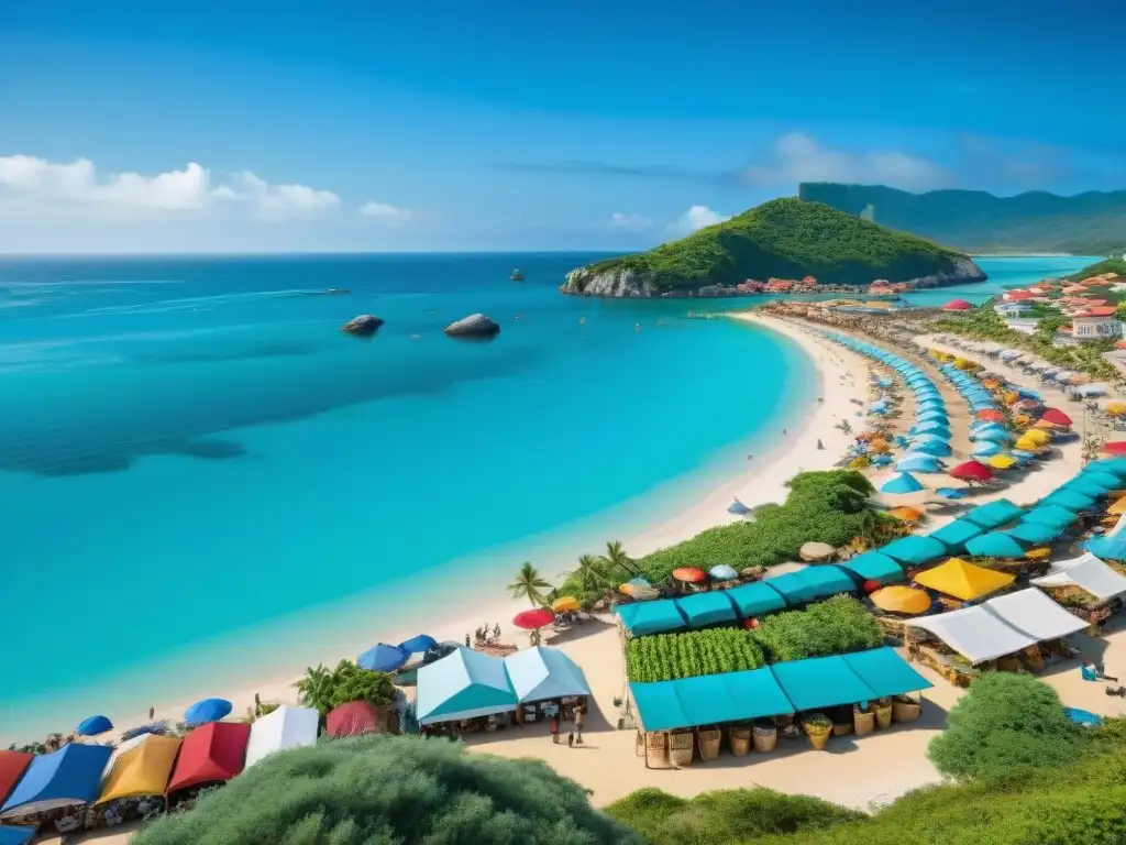 Pueblo costero sostenible: mercado local y limpieza de playa Un pueblo costero vibrante y bullicioso con arquitectura colorida y sostenible que se fusiona perfectamente con el paisaje natural