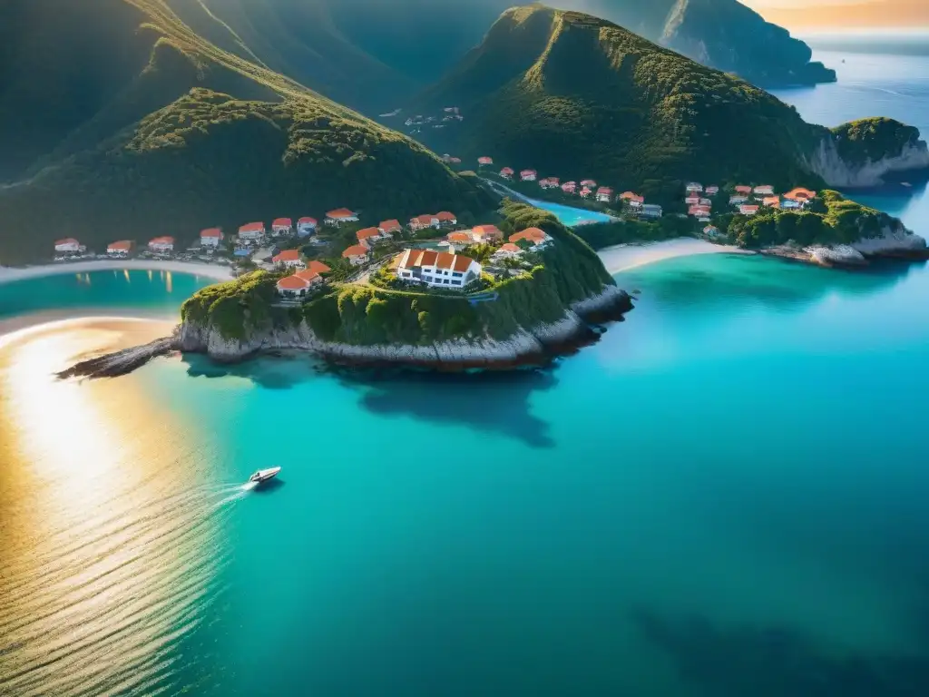 Un pueblo costero vibrante entre montañas verdes, aguas turquesas y arquitectura sostenible, ideal para inversión en propiedades costeras sustentables