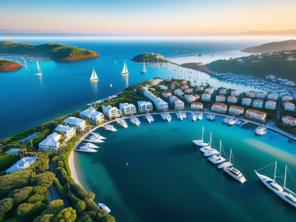 Oportunidades de inversión: Marina de lujo al atardecer Un puerto vibrante al atardecer con yates y propiedades lujosas