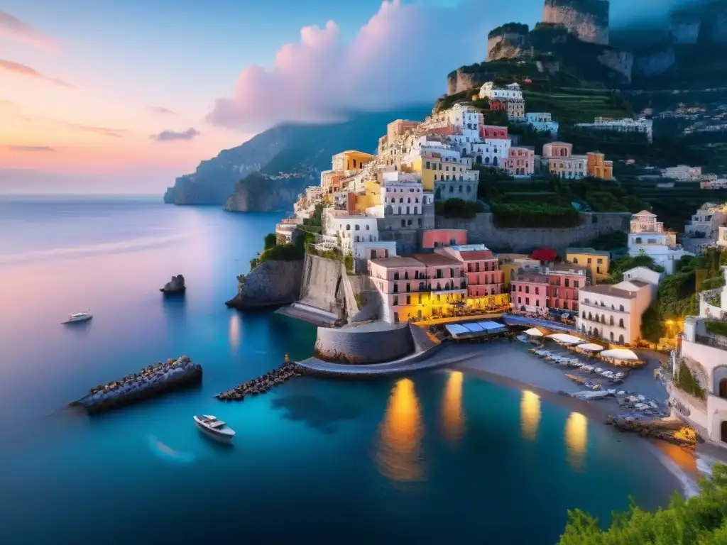 Atardecer mágico en la Costa Amalfitana: postal romántica Puesta de sol impresionante sobre las tranquilas aguas de la Costa Amalfitana, con edificios de colores pastel en acantilados y barcos navegando, creando una escena pintoresca y romántica