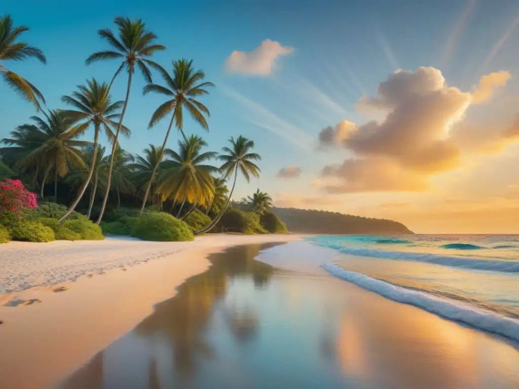 Playa paradisíaca al atardecer: serenidad y belleza natural Puesta de sol en playa exótica, aguas turquesa y palmeras