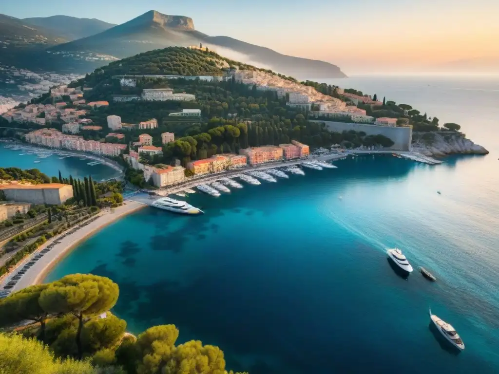 Costa Azul al atardecer: lujo y belleza mediterránea Puesta de sol en la Riviera Francesa con propiedades costeras de lujo yates en el mar Mediterráneo