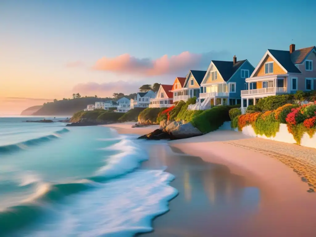 Paisaje costero al atardecer: inversión y relajación junto al mar Puesta de sol en un tranquilo pueblo costero con propiedades y pareja caminando en la playa