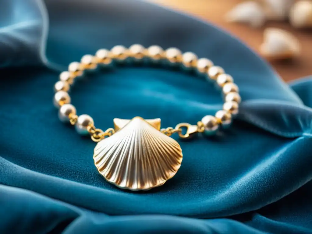 Pulsera de plata con forma de concha, detalle marino elegante Pulsera de plata en forma de concha, detallada y brillante sobre cojín de terciopelo azul