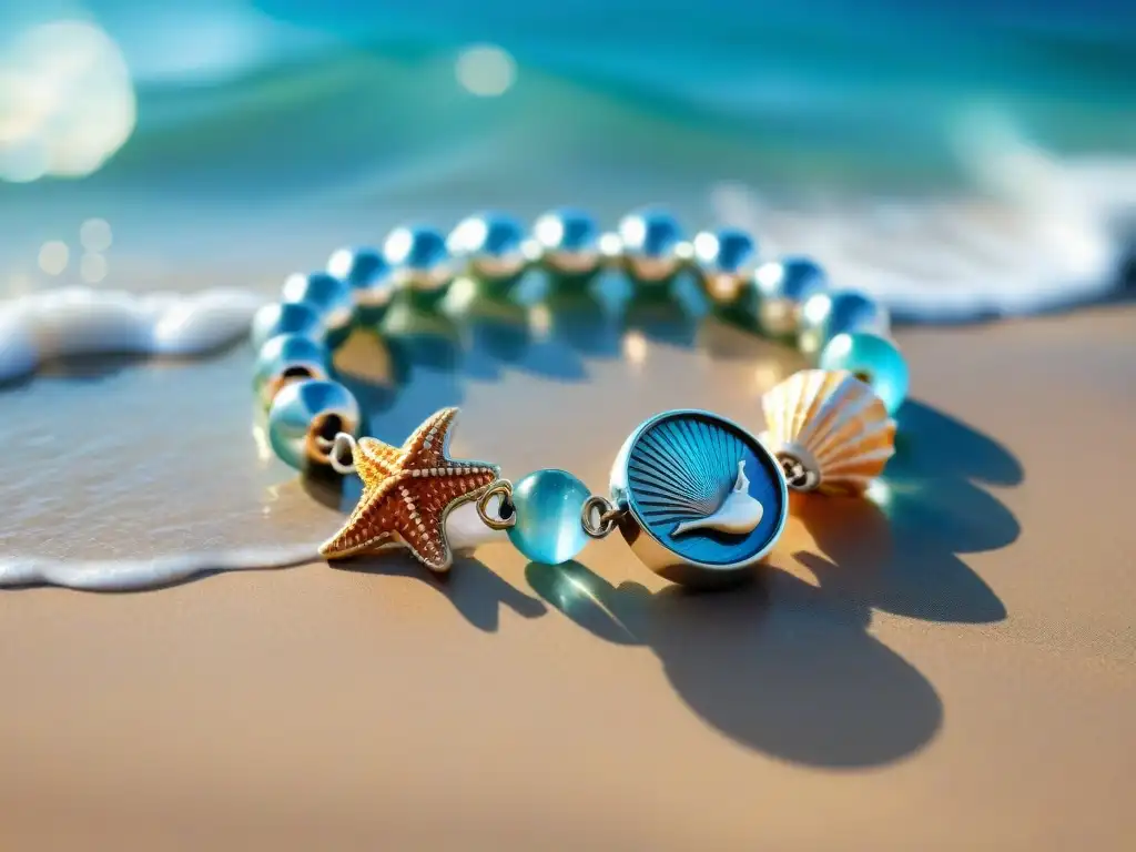 Pulsera plateada con encantos marinos en detalle Una pulsera plateada con motivos marinos únicos, brillando bajo el sol sobre olas y cielo azul