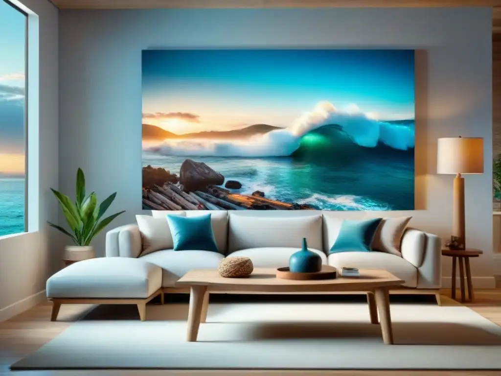 Sala de estar costera con vista al mar Decoración de casa costa en realidad aumentada con ventana al mar, sofá cómodo y arte inspirado en el océano