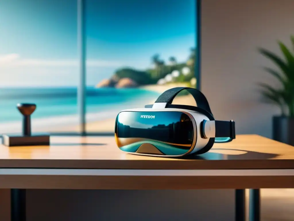 Realidad virtual en transacciones inmobiliarias costeras Realidad virtual para comprar propiedades costeras: casco VR y llaves en escritorio moderno