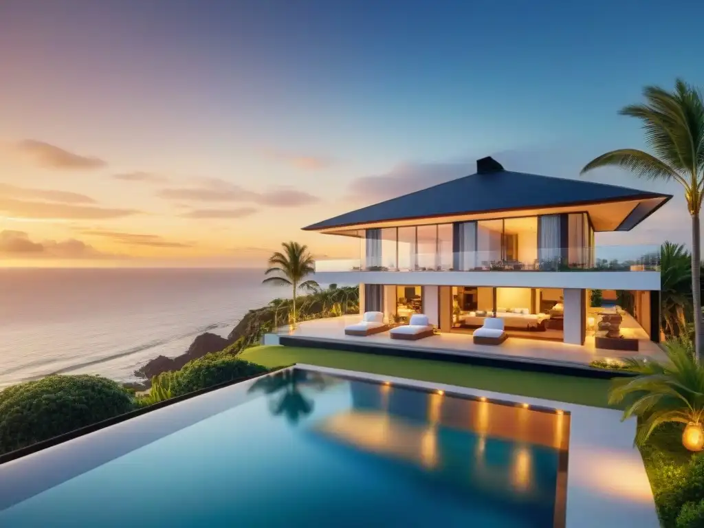 Propiedad costera de lujo al atardecer: ¡sueño junto al mar! Realidad virtual para comprar propiedades costeras: Una lujosa casa moderna con vistas al mar al atardecer, rodeada de palmeras