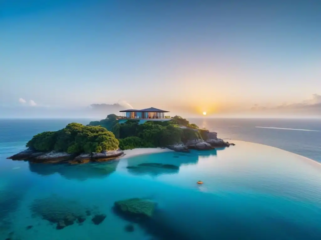 Propiedad costera de lujo al amanecer: detalle en 8k Realidad Virtual en Propiedades Costeras: Mansión de lujo frente al mar al amanecer, con playa de aguas cristalinas y exuberante vegetación
