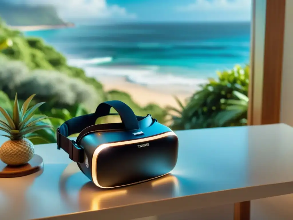 Realidad virtual de lujo en entorno costero Realidad virtual para comprar propiedades costeras: Un headset VR moderno sobre mesa blanca, rodeado de naturaleza y vista costera serena