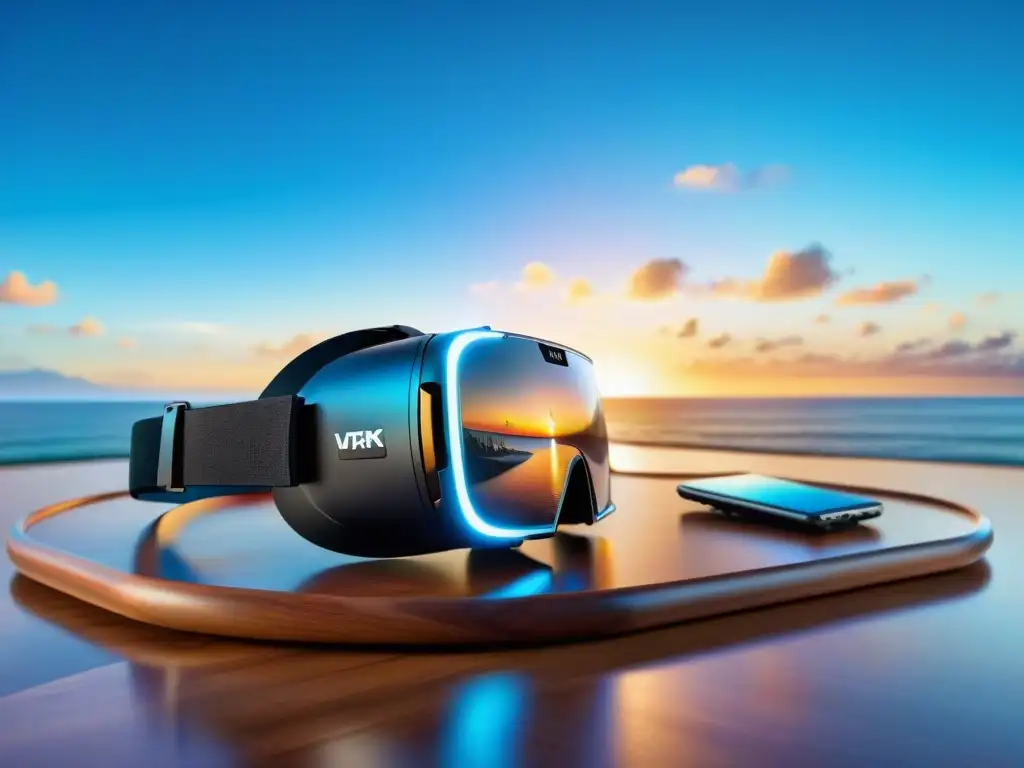 Realidad virtual: revolucionando la búsqueda de propiedades frente al mar Realidad virtual con vistas al mar: moderno headset y atardecer vibrante sobre aguas cristalinas