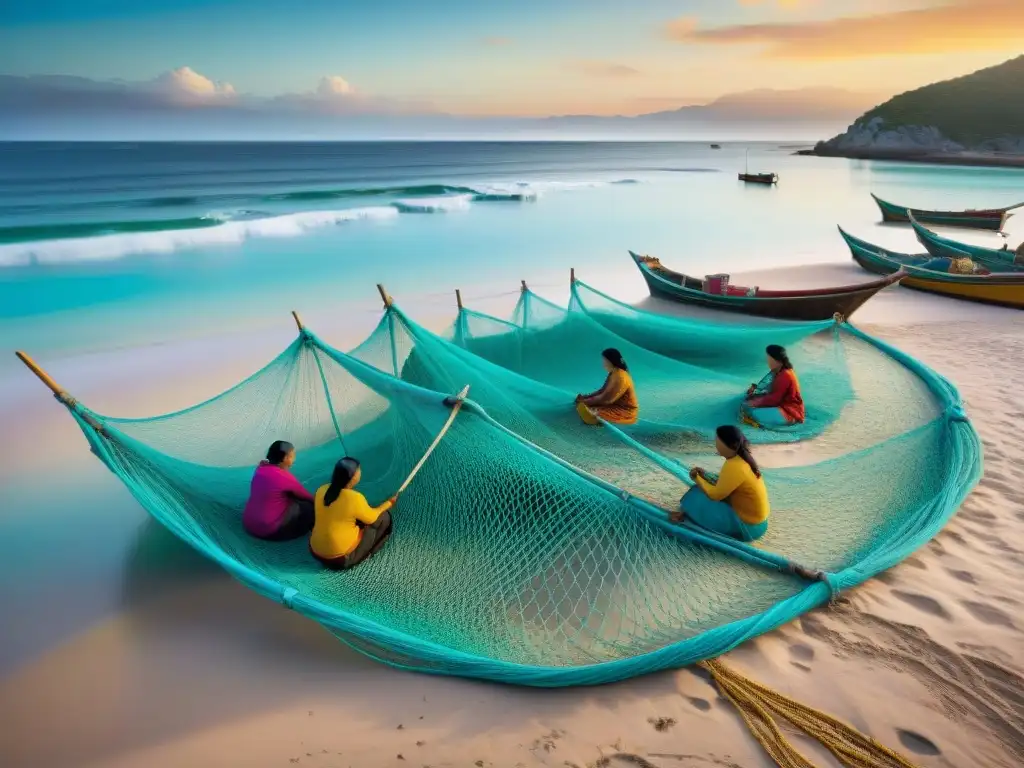 Pescadoras tejiendo redes al amanecer en la playa Fisherwomen tejiendo redes al amanecer en la playa: un reflejo del estilo de vida en costas