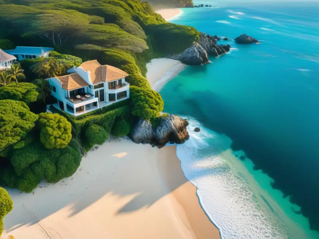 Exclusiva villa frente al mar: refinancia tu paraíso costero Refinanciamiento de propiedades costeras: Vista aérea de una lujosa villa frente al mar, rodeada de naturaleza y elegancia