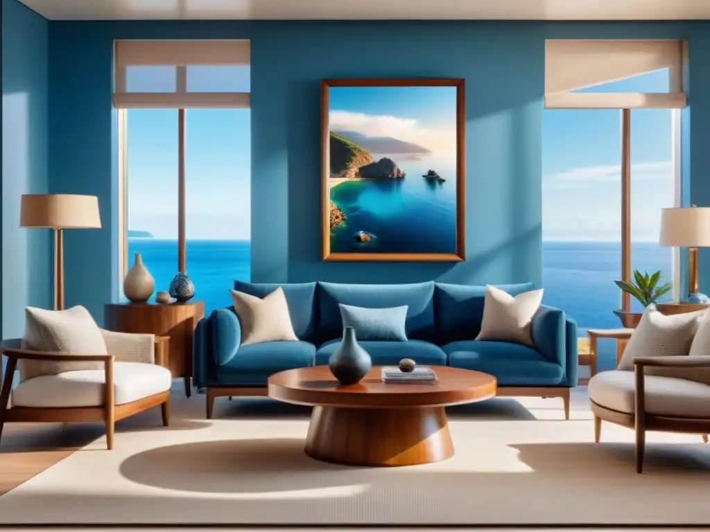 Reflejo del mar: sala costera luminosa y relajante Un reflejo del mar: espejos amplifican belleza océano en sala costera iluminada