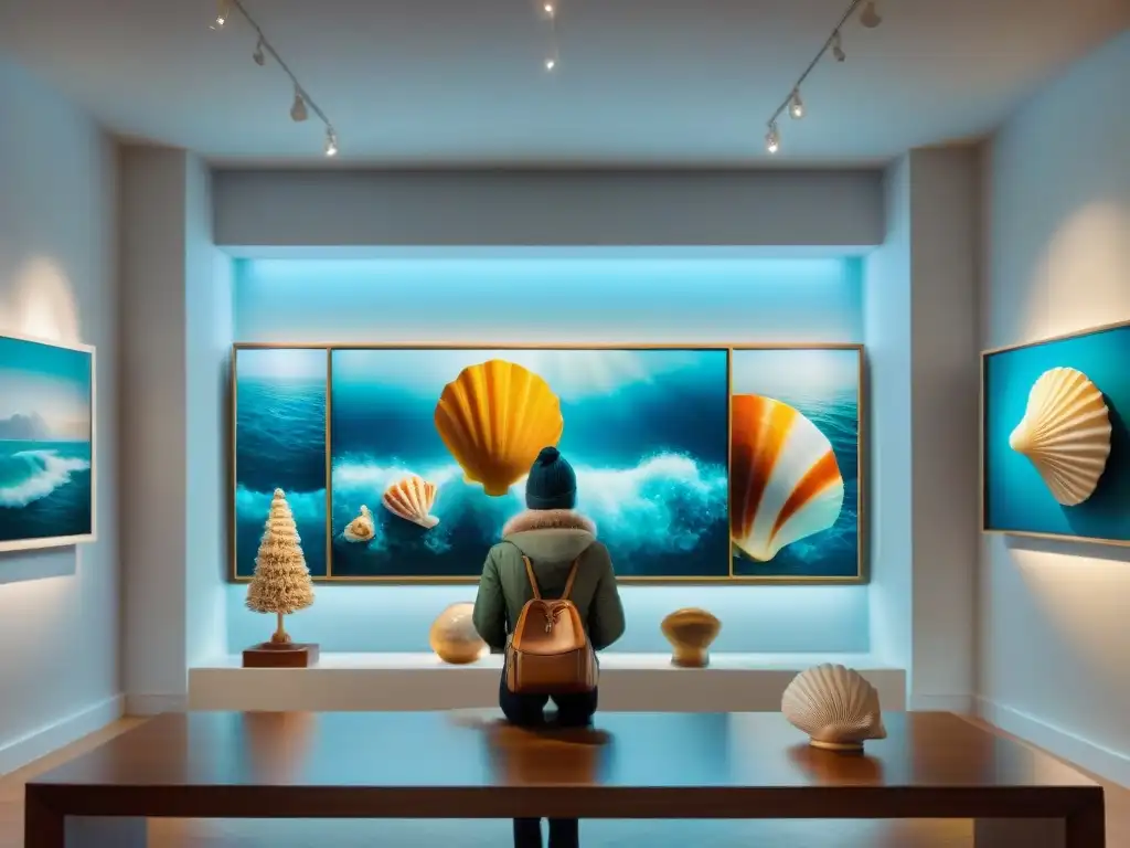 Galería costera: arte marino vibrante y esculturas de conchas Un refugio de arte costero iluminado por el sol, lleno de obras marinas vibrantes y esculturas de conchas