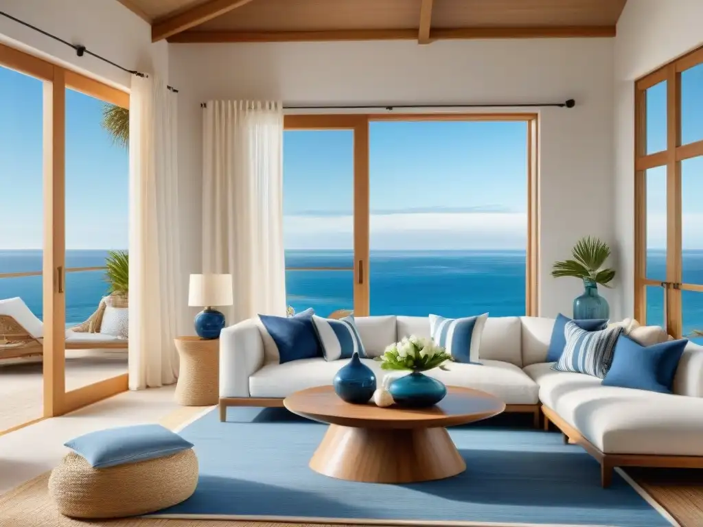 Sofisticado salón costero con textiles elegantes y duraderos Un refugio costero elegante con textiles de lujo, sala iluminada con blanco y azul, decoración náutica