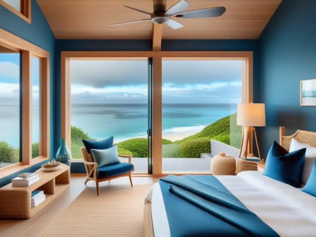 Retiro costero de lujo: cama king, vista al mar y decoración relajante Un refugio costero lujoso con cama king size, ventana al mar, rincón de lectura y estantería con libros de diseño costero