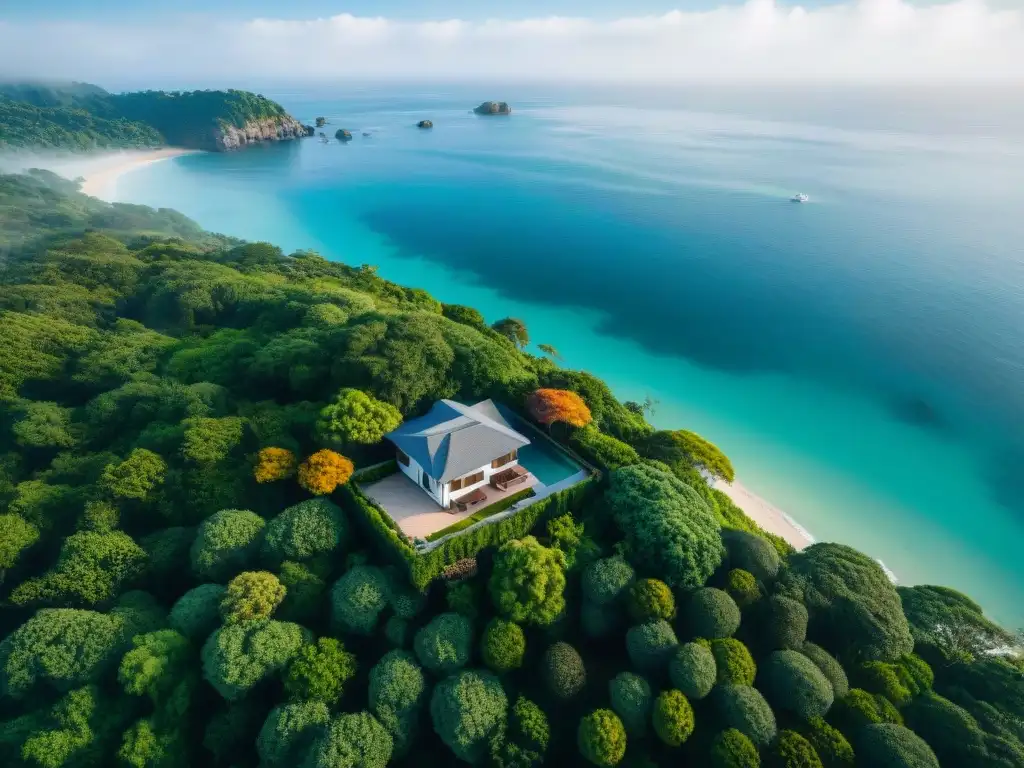 Refugio costero: vista aérea serena y exuberante Un refugio costero tranquilo rodeado de exuberante vegetación, con aguas cristalinas y una amplia terraza