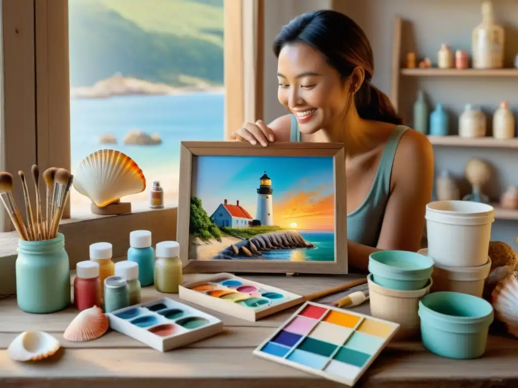 Estudio costero de una artista: esculturas de conchas y pinturas marinas Refugio creativo de una artista costera: esculturas de conchas, pinturas marinas y una miniatura de barco en progreso